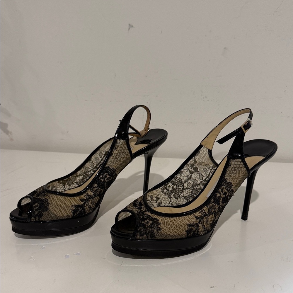 Jimmy Choo Elegant Black Lace Slingback Heels Size 36 1/2